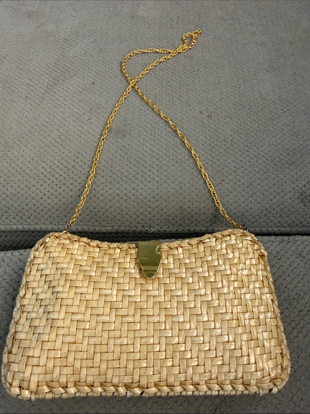 Walborg Woven Straw Clutch with Gold Chain made in Hong Kong